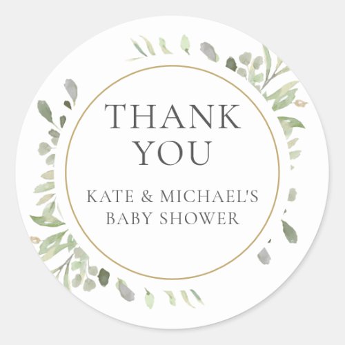 Watercolour Greenery Leaves Baby Shower Thank You Classic Round Sticker