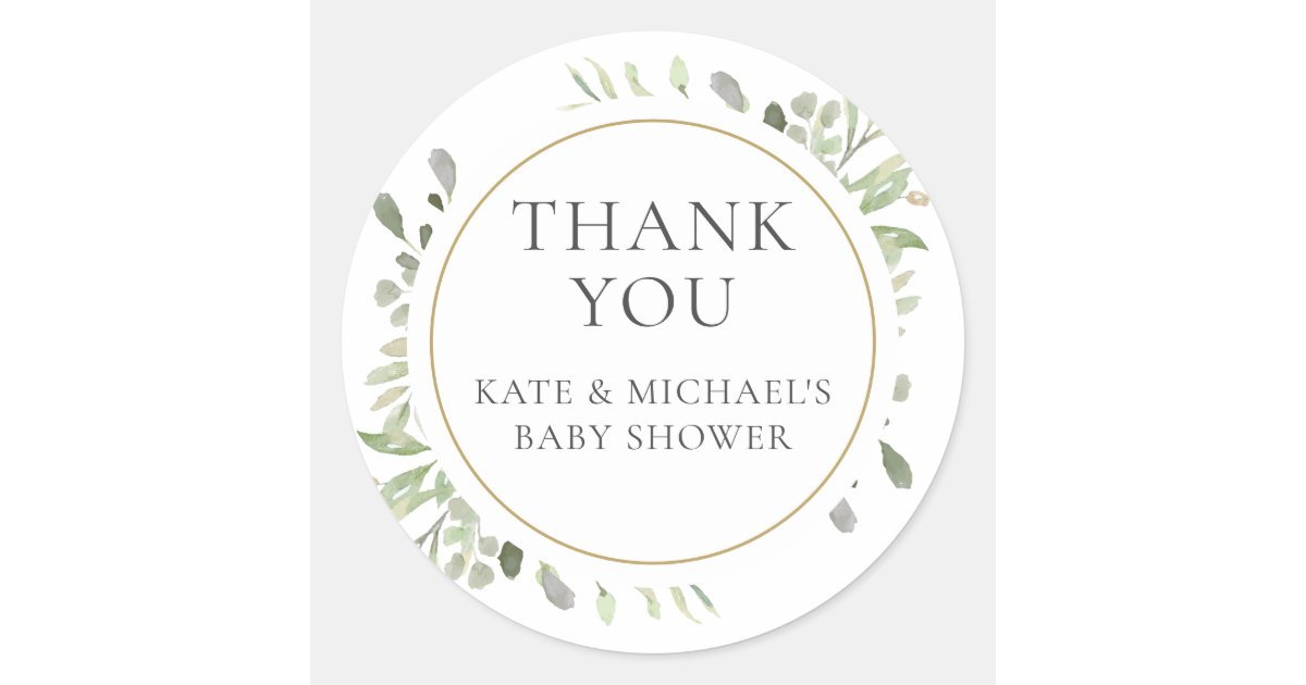 Watercolour Greenery Leaves Baby Shower Thank You Classic Round Sticker ...