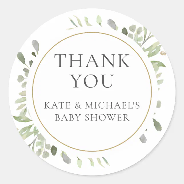 Watercolour Greenery Leaves Baby Shower Thank You Classic Round Sticker ...