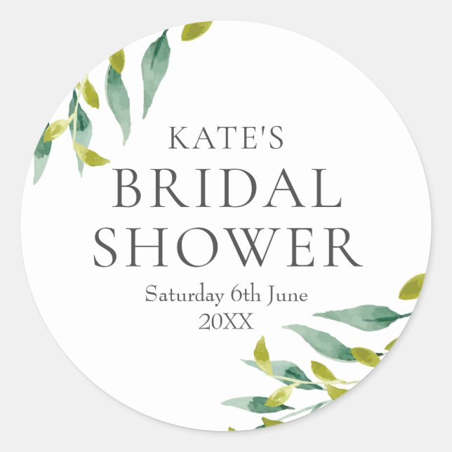 Watercolour Greenery Leaves Bridal Shower Favor Classic Round Sticker (Front)