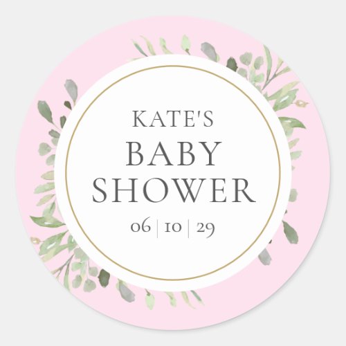 Watercolour Greenery Leaves Pink Baby Girl Shower Classic Round Sticker