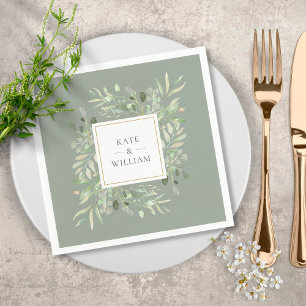 Watercolour Greenery Leaves Sage Green Napkins