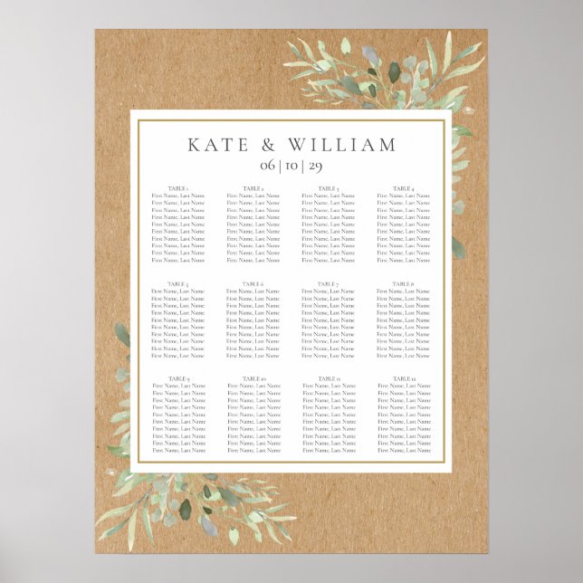 Watercolour Greenery Leaves Wedding Seating Chart (Front)