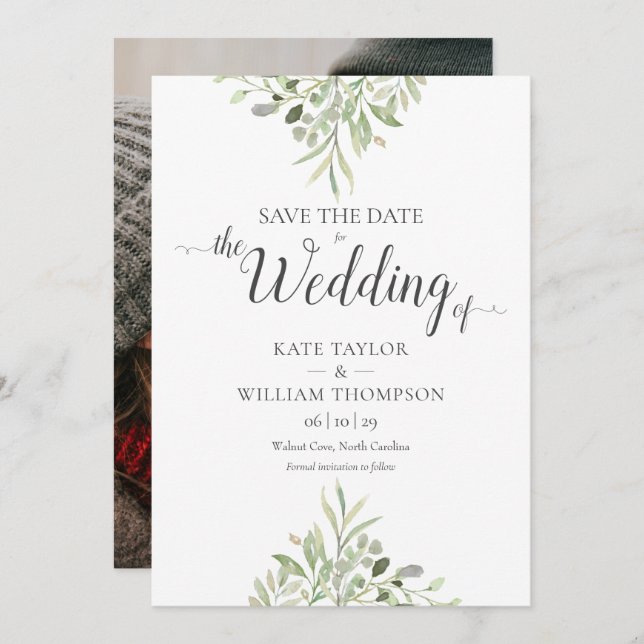 Watercolour Greenery Photo Script Wedding Save The Date (Front/Back)