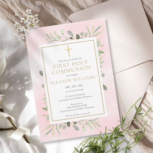 Watercolour Greenery Pink First Holy Communion Invitation