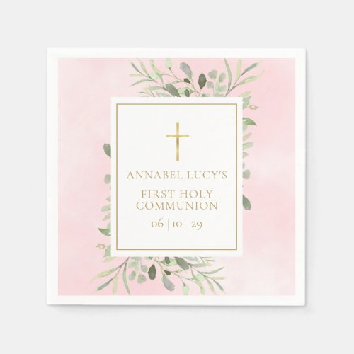Watercolour Greenery Pink First Holy Communion Napkins