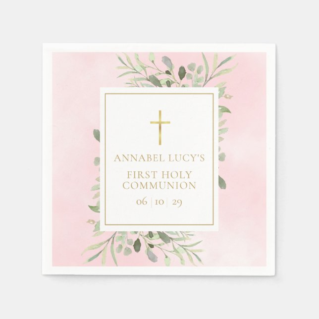 Watercolour Greenery Pink First Holy Communion Napkins (Front)
