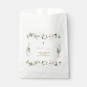 Watercolour Greenery Pink Floral Gold Baptism Favor Bag