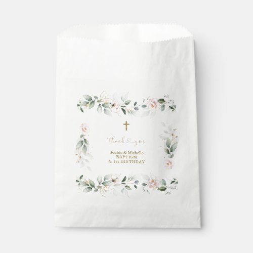 Watercolour Greenery Pink Floral Gold Baptism   Favor Bag