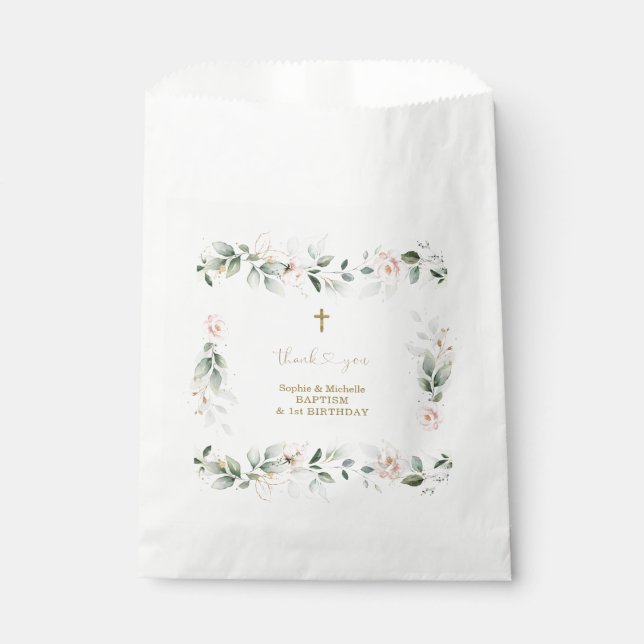 Watercolour Greenery Pink Floral Gold Baptism   Favor Bag (Front)