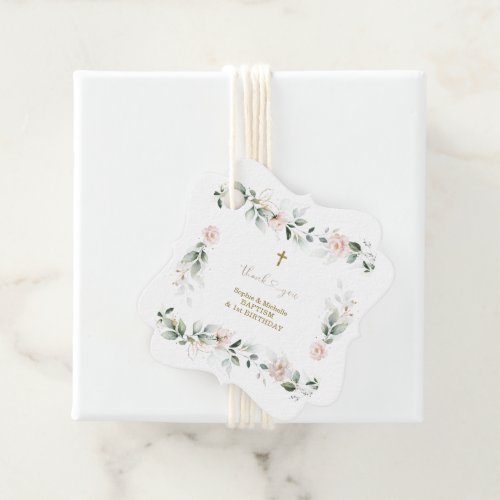 Watercolour Greenery Pink Floral Gold Baptism   Favor Tags