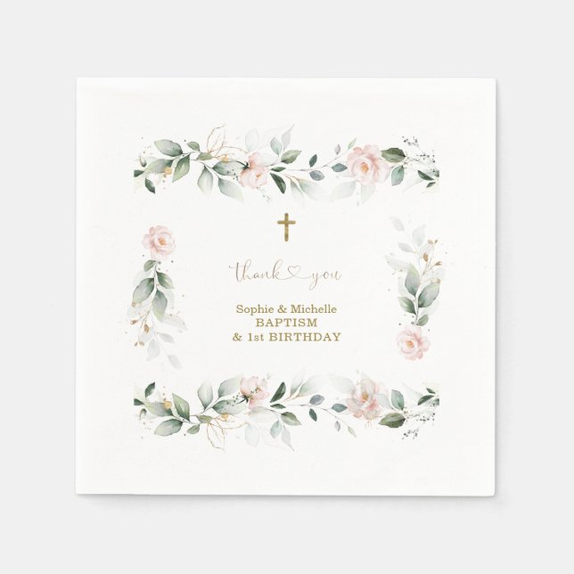 Watercolour Greenery Pink Floral Gold Baptism   Napkins (Front)