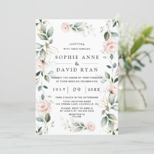 Watercolour Greenery Pink Floral Gold Wedding Invitation