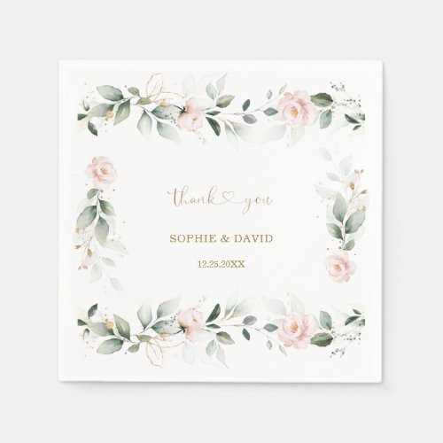 Watercolour Greenery Pink Floral Gold Wedding      Napkins