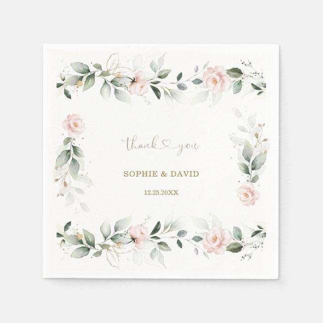 Watercolour Greenery Pink Floral Gold Wedding      Napkins (Front)