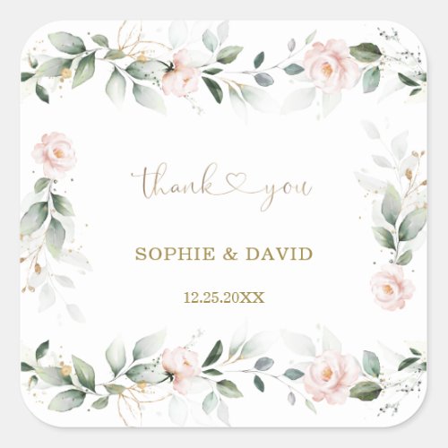 Watercolour Greenery Pink Floral Gold Wedding    S Square Sticker