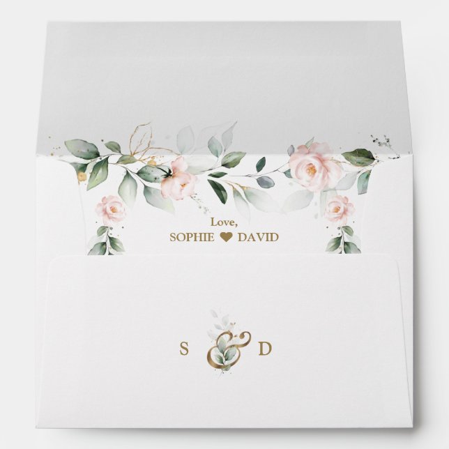 Watercolour Greenery Pink Wedding Return Address  Envelope (Back (Bottom))
