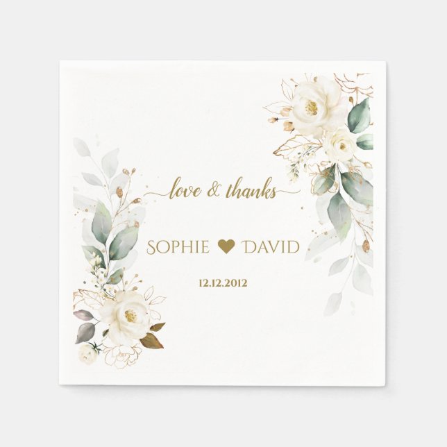 Watercolour Greenery White Floral Gold Wedding   Napkins (Front)