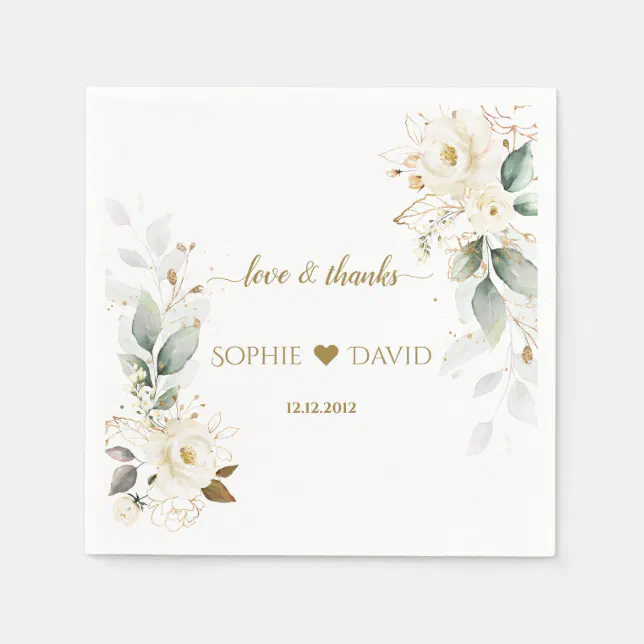 Watercolour Greenery White Floral Gold Wedding Napkins | Zazzle