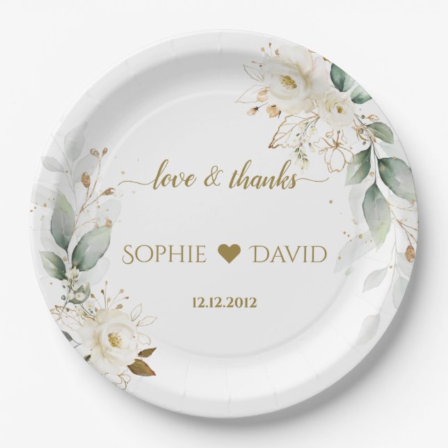 Watercolour Greenery White Floral Gold Wedding Paper Plates (Front)
