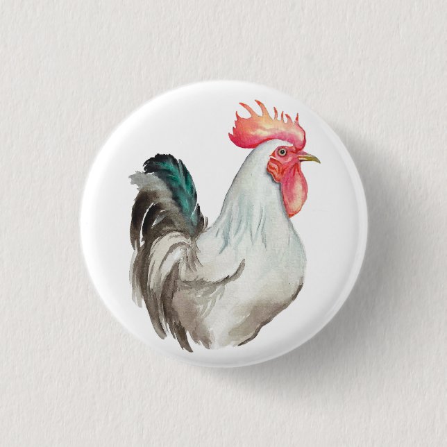 Watercolour hand drawing of a Rooster Button (Front)