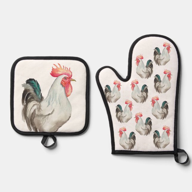 Watercolour hand drawing of a Rooster Oven Mitt & Pot Holder Set (Front)