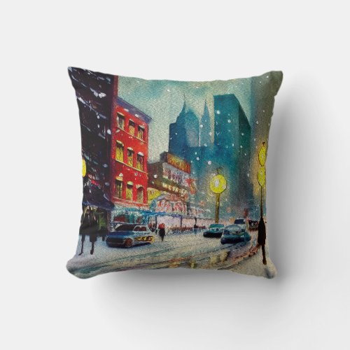 Watercolour Hand Painted Winter in NYC Throw Pillow