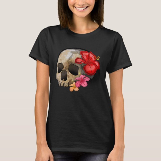 Watercolour hippie gothic skull hibiscus floral Ha T-Shirt (Front)