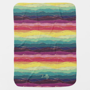 Watercolour ink rainbow gold glitter stripe baby blanket