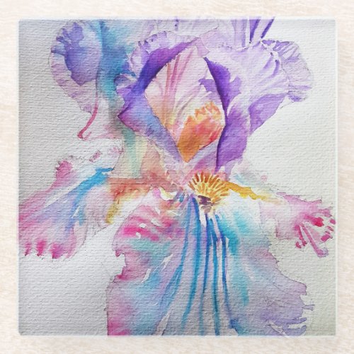 Watercolour Iris Flower Painting art irises Glass Coaster