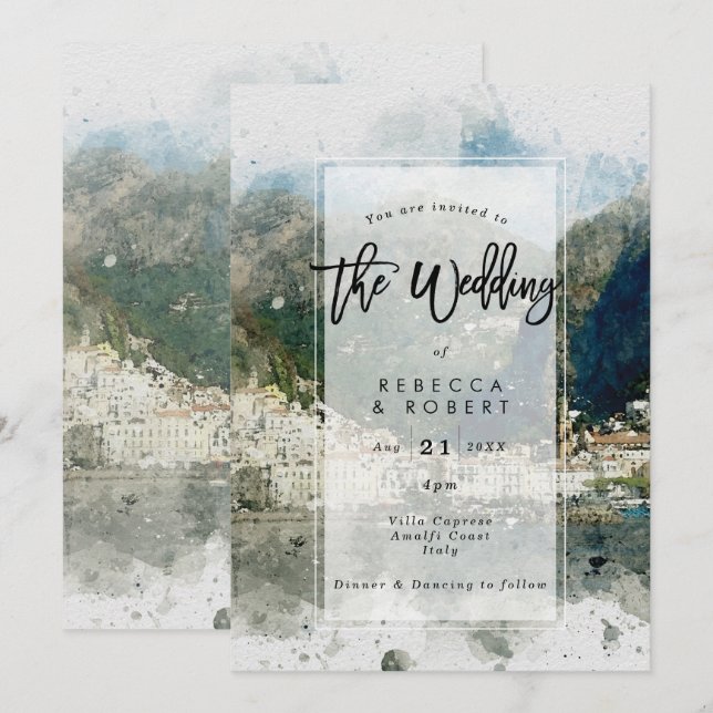 watercolour Italy Amalfi modern wedding invitation (Front/Back)