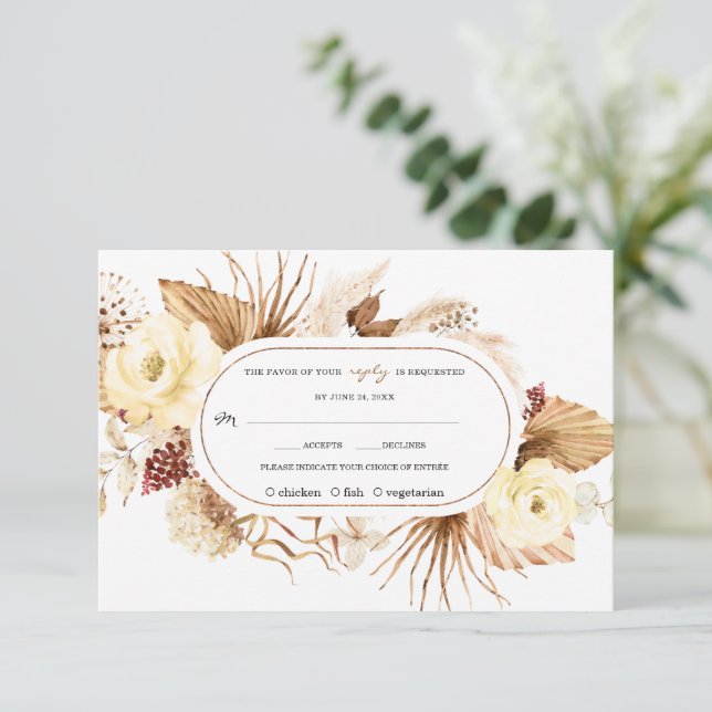 Watercolour Ivory Flowers Pampas Grass Birthday  RSVP Card (Standing Front)