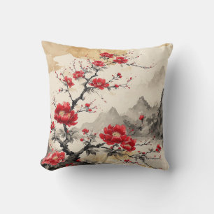 Watercolour Japanese  Blossom red Throw Pillow