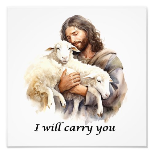 Watercolour Jesus with lambs Christian square  Photo Print