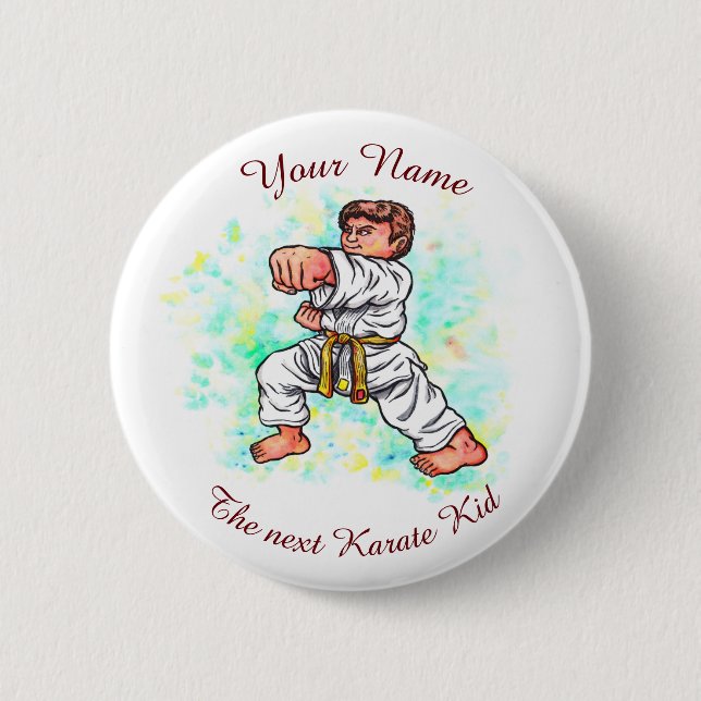 Watercolour Karate Kids brave boy doing a punch Button (Front)