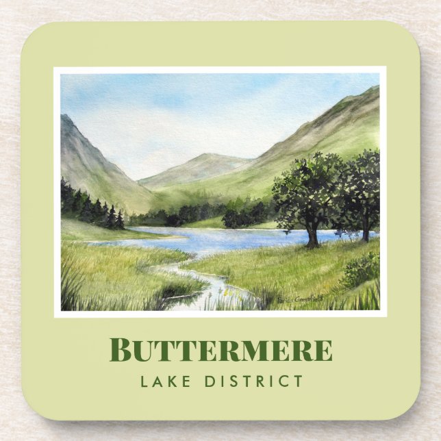 Watercolour Landscape Painting of Lake Buttermere Beverage Coaster (Front)