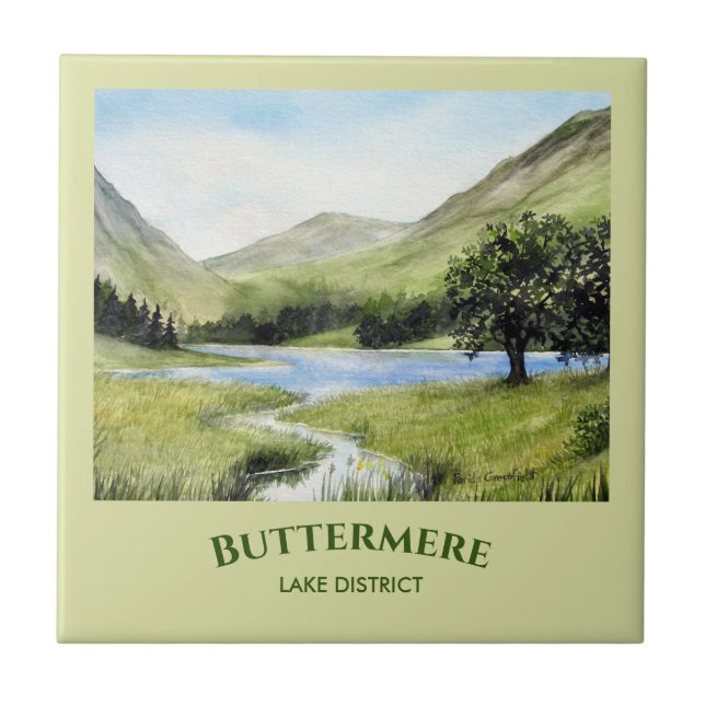 Watercolour Landscape Painting of Lake Buttermere Ceramic Tile (Front)
