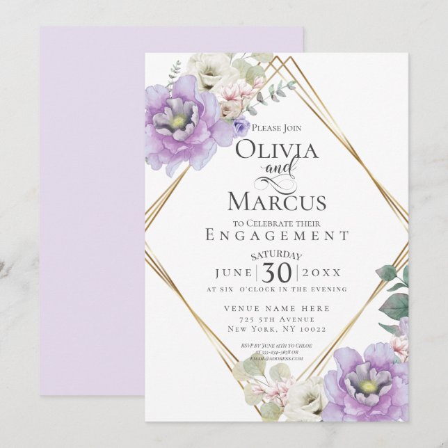 Watercolour Lavender Botanical Geometric Frame Invitation (Front/Back)