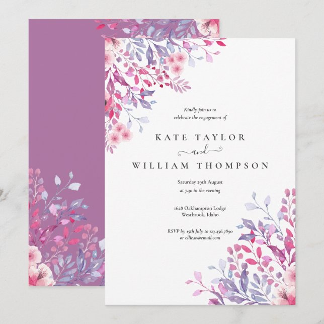 Watercolour Lavender Wildflowers Engagement Party Invitation (Front/Back)