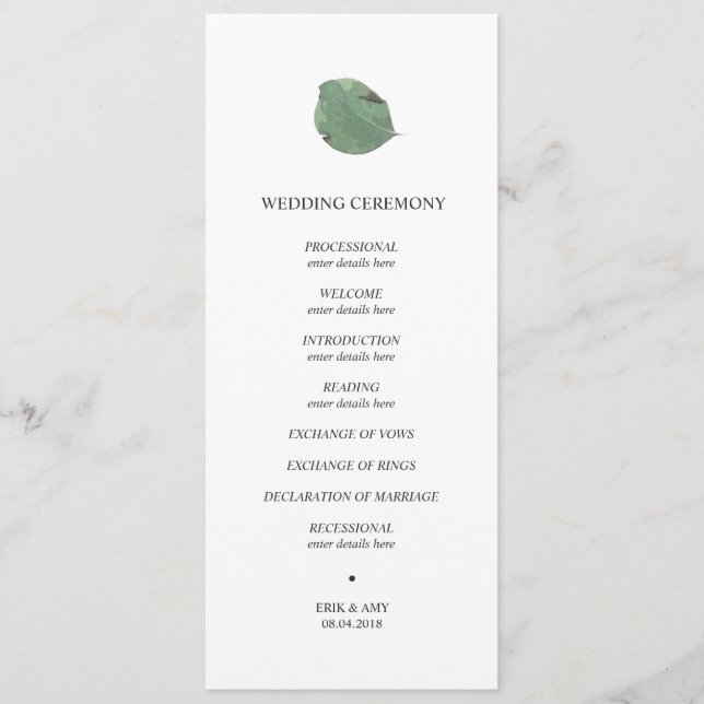Watercolour leaf wedding program (Front)
