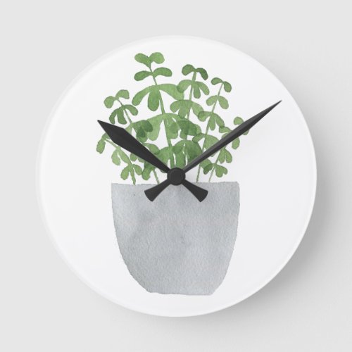 Watercolour Leafy Green Pot Plant _ Plant Lovers Round Clock