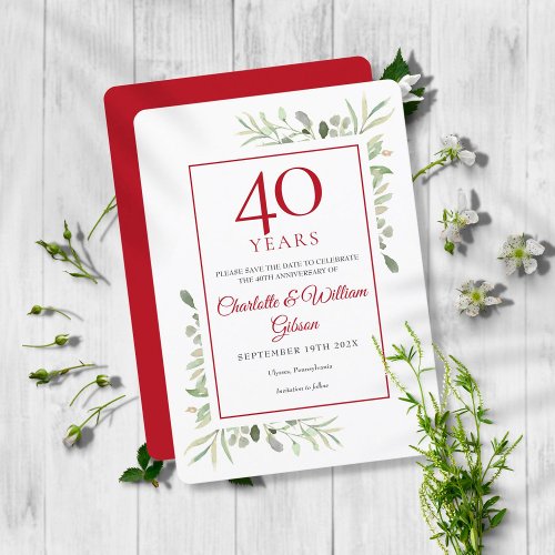 Watercolour Leaves 40th Anniversary Save the Date Invitation