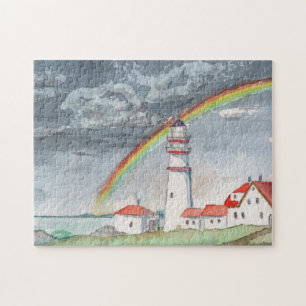 Watercolour Lighthouse Rainbow Landscape Sea Jigsaw Puzzle
