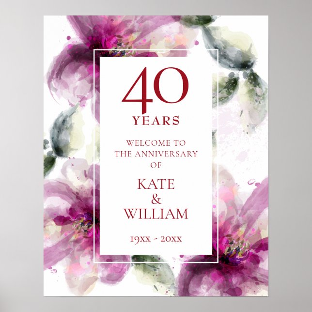 Watercolour Lilies 40th Anniversary Welcome Sign (Front)