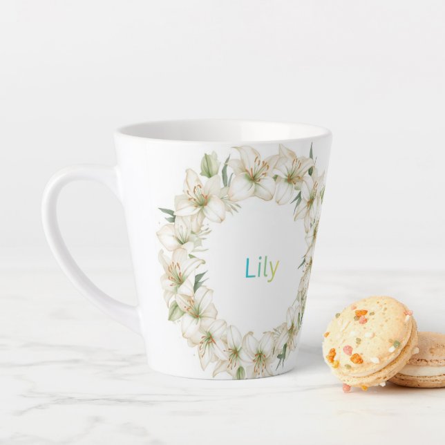 Watercolour Lily Wreath Floral Name Gift for Mum Latte Mug (In Situ)