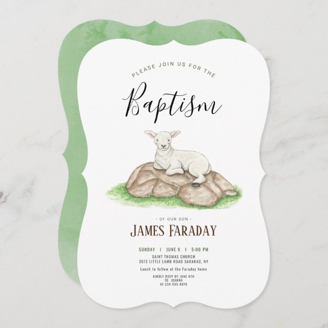 Watercolour little lamb baptism invitation (Front/Back)