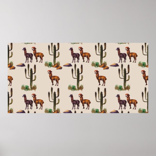 Watercolour llama alpaca wildlife seamless pattern poster (Front)