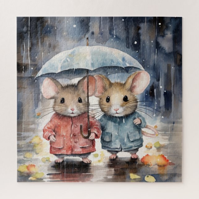 Watercolour Mice in The Rain Jigsaw Puzzle (Vertical)