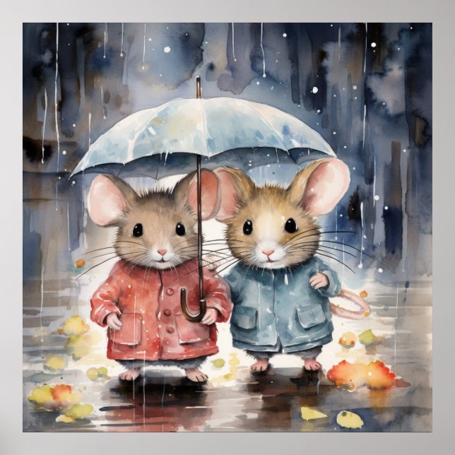 Watercolour Mice in The Rain Poster (Front)