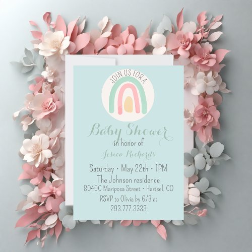 Watercolour minty blue rainbow Baby Shower Invitation